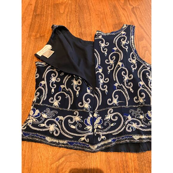 ADRIANNA PAPELL OCCASIONS 16 Blue, Silk, Sleeveless Top, Blue, Beads Embroidery - Picture 3 of 9